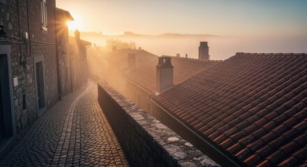 Poster - Misty atmosphere enveloping cobblestone pathways and terracotta rooftops at sunrise