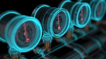 Poster - Wireframe vacuum pressure gauges indicate air evacuation levels during basalt material formation, crucial for structural integrity in pultrusion processes, with black background