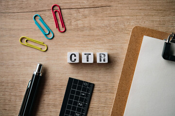 Poster - CTR (Click Through Rate) wooden cube. Ideal for Business and Marketing, excellent for articles or analytics reports on web traffic, advertising performance, sales revenue, and digital marketing metric