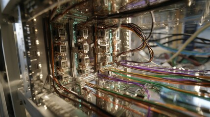 Poster - Close up view of a microwave generation unit, revealing intricate wiring, circuits, and electronic components, creating a dynamic interplay of shadows and reflections within its transparent casing