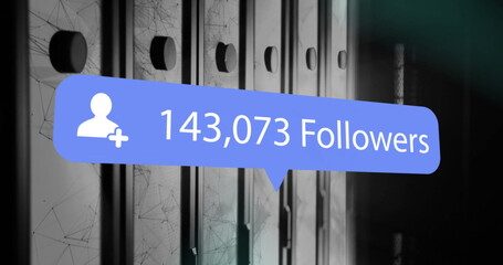 Poster - Displaying blue bubble showing 143,073 followers in server rack aisle, with overlay lines