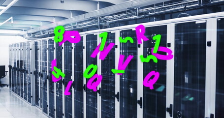 Poster - Displaying servers behind glass doors humming in data center, with cable trays, black swivel chair