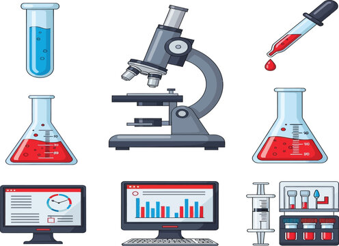 Colorful illustration featuring various laboratory equipment, including a microscope, beakers, and computer screens.