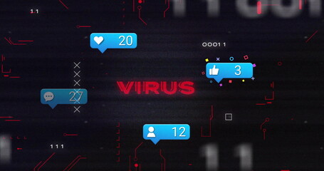 Poster - Displaying glitching interface showing red VIRUS text on screen, with blue alerts and binary digits