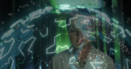 Poster - Female researcher in lab coat analyzing holographic globe in tech lab, with hexagonal overlays