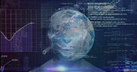 Poster - Displaying bust silhouette topped by rotating Earth globe over data interface, with code streams
