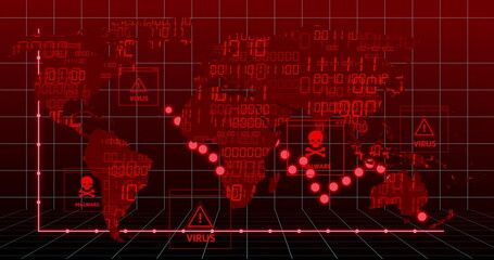Poster - Displaying red world map tracing malware, virus markers on 3D grid network with binary code overlay