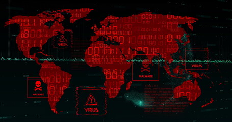 Poster - Displaying red world map highlighting malware and virus alerts on dark screen, with binary overlay