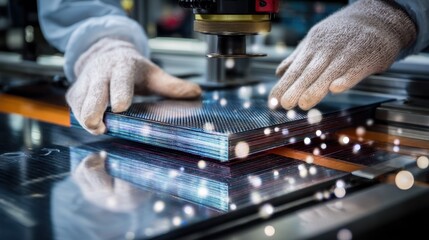 Poster - Gloved hands positioning a layered honeycomb panel made of carbon fiber and resin composite into a bonding rig highlight advanced manufacturing in a high tech industrial setting