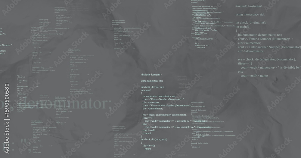 Displaying central cluster of white C++ code forming block on crumpled ...