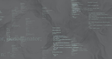 Aufkleber - Displaying central cluster of white C++ code forming block on crumpled gray backdrop, coding theme