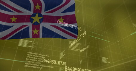 Poster - Waving Niue flag floating in 3D wireframe grid, with numeric sequences and text blocks, copy space