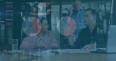 Poster - Reviewing data charts by business trio collaborating at conference room with laptop and smartphone