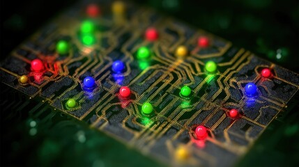 Poster - Colorful droplets merge on a microfluidic chip, simulating single cell interactions in a controlled environment, advancing biological research and medical diagnostics