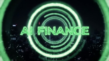 Poster - AI Finance Text in Glowing Green Concentric Circles over a Dark Cityscape