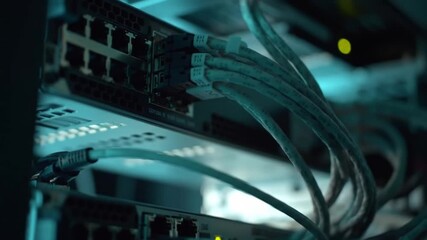 Poster - Blue Lit Network Servers with Connected Cables in a Modern Data Center Server Room