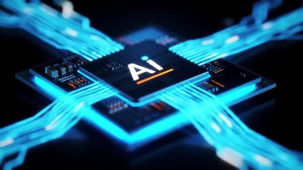 Poster - Close Up Black Computer Chip with Ai Text Connected by Blue Light Streams on Dark Background Illustrating Artificial