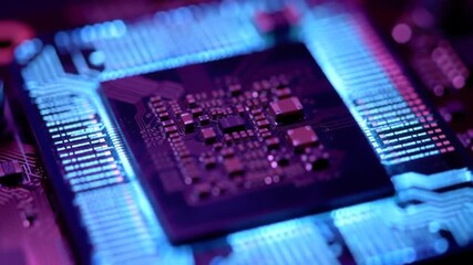 Poster - Computer Chip Macro Shot with Blue Circuit Background for Technology Industry Concept