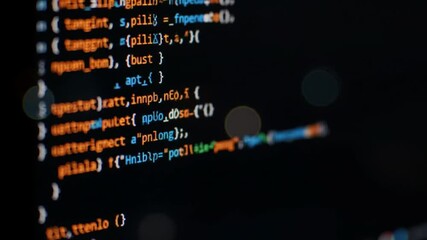 Poster - Computer Coding Script with Orange White and Blue Text on Dark Background