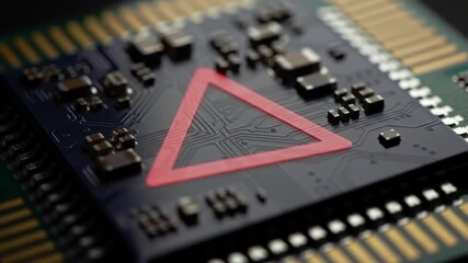 Poster - Detailed Black Circuit Board with Gold Elements and Red Triangle Close Up