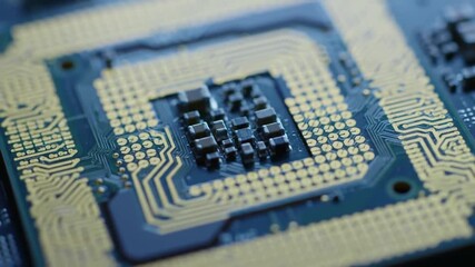 Poster - Detailed Blue Circuit Board Featuring Gold Wiring and Central Square Patterns Close Up Macro Shot