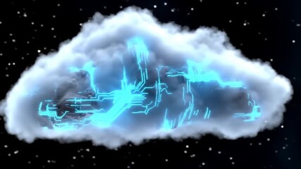 Poster - Fluffy White Cloud Integrated With Blue Circuit Pattern Floating In Dark Starry Space Data Storage Tech Conceptual