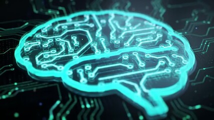 Poster - Glowing Blue Brain Circuit Board Symbolizing Ai Technology on Dark Background Represents Data Processing And