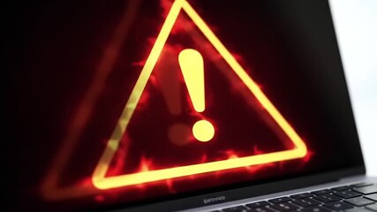 Poster - Glowing Red Warning Sign with Exclamation Mark on Laptop Screen Cyber Security Alert and Threat Detection in a Digital