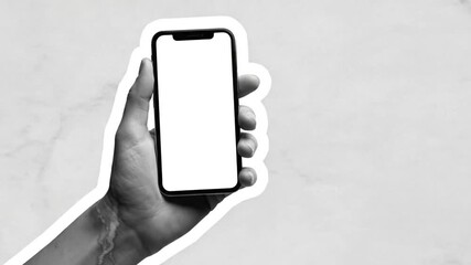 Poster - Hand Holding Mobile Phone with Blank White Screen on Light Gray and White Marble Backdrop