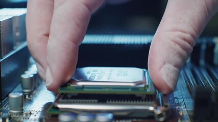Poster - Hand Installing Microchip on Motherboard in Silver and Blue Lighting Computer Component for Electronic Upgrade and