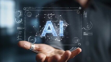 Poster - Hand Holds Blue Artificial Intelligence Digital Interface on Dark Background