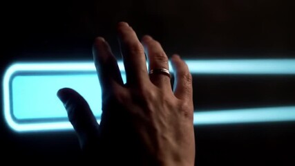 Poster - Hand Interacting with Blue Digital Interface on Dark Background with Touchscreen Technology