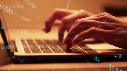 Poster - Hands Typing on Laptop with Digital Data Overlay in Warm Lighting for Technology Concepts