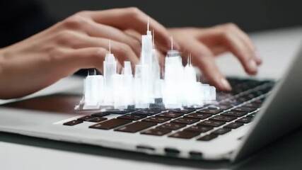 Poster - Hands Typing On Laptop With Holographic City Projection Digital Innovation and Creative Technology Under White Light