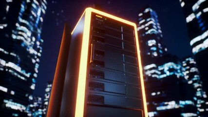 Poster - Illuminated Server Rack Against Night Cityscape Orange Glow Futuristic Architecture Data Center Cloud Computing and