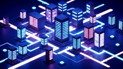 Poster - Isometric Cityscape of Blue and Pink Digital Buildings with Neon Lines Connecting Structures for Futuristic Technology