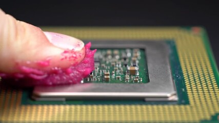 Poster - Macro Shot of Pink Thermal Paste Applied to a Golden CPU with Green Circuitry on a Dark Background for Adobe Stock