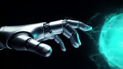 Poster - Metallic Robot Hand Reaching for Glowing Turquoise Energy Sphere on Black Background Reflective and Artificial