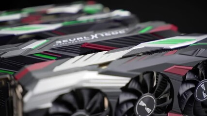 Poster - Multiple Black Grey and Red Graphics Cards with Fans in a Dark Background and Geometric Pattern