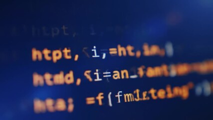 Poster - Orange Code on Deep Blue Screen in Macro Shot Displaying Precision in Programming and Software Development