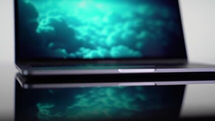 Poster - Open Laptop Displaying Blue Abstract Art on Black Reflective Surface in Minimalist Setting