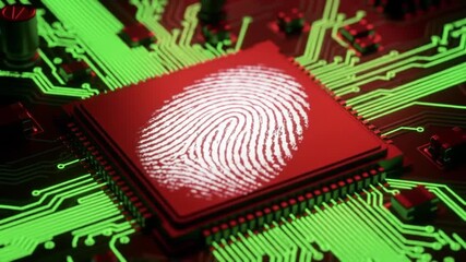 Poster - Red Computer Chip Displaying White Fingerprint on Green Circuit Board for Secure Access