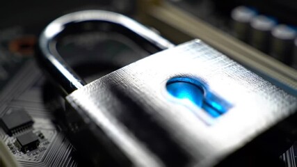 Poster - Silver Padlock Symbolizes Digital Security and Encryption on Circuit Board Close Up Focused on Keyhole for Data