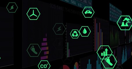 Poster - Camera panning bringing sustainability icons floating as charts transforming displaying energy data