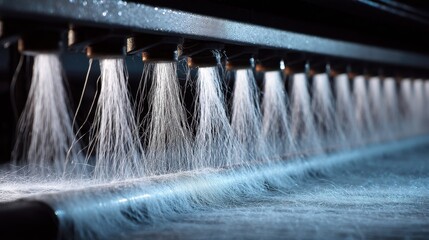 Poster - Multiple water jets spray a layer of processed lyocell fibers moving along a conveyor belt, enhancing their smooth, lustrous appearance in a modern textile factory