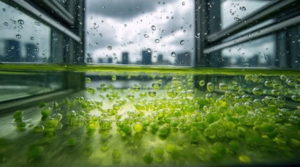 Poster - Oxygen bubbles rising through vibrant green algae cultivated in a bioreactor, with condensation beads on the inner surface reflecting sunlight and a cityscape visible through a rain streaked window