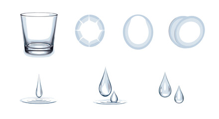 Poster - Illustration showing a glass cup with water droplets and circular water shapes on a white background