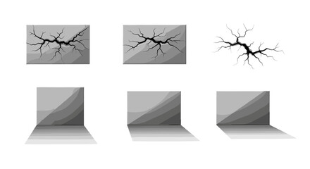 Poster - Illustration showing cracked and uncracked square blocks in grayscale with shadows on a white background