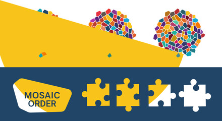 Fototapete - Colorful mosaic design with puzzle pieces and geometric shapes on a yellow and blue background art piece