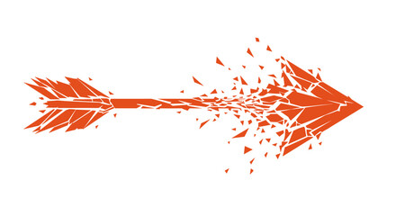Poster - Orange arrow disintegrating into small triangles on a white background creating a dynamic effect art